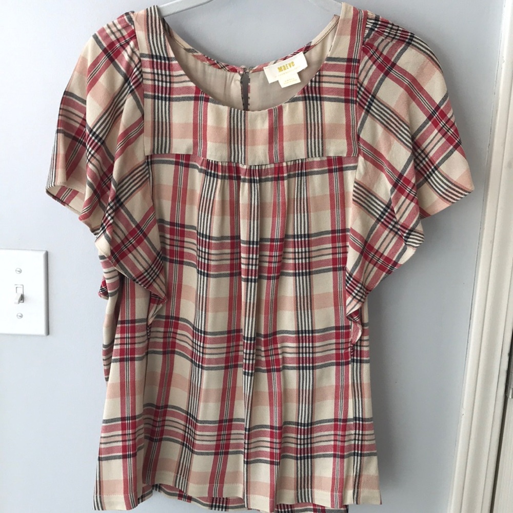 Maeve SS Plaid Shirt with ruffle sleeves